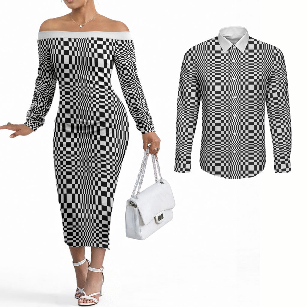 Black White Filipino Binakol Motifs Couples Matching Off The Shoulder Long Sleeve Dress and Long Sleeve Button Shirt Mabuhay Philippines Festival Kusikus Pattern