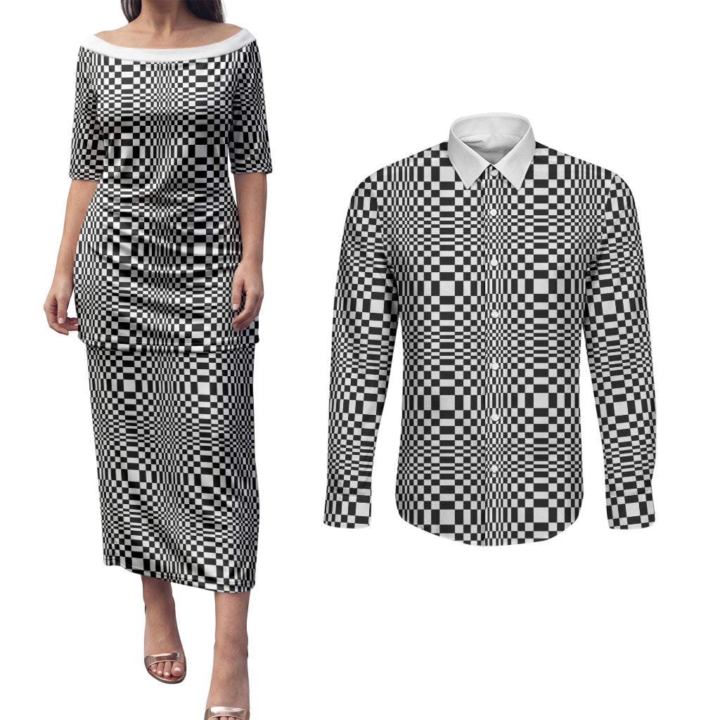 Black White Filipino Binakol Motifs Couples Matching Puletasi and Long Sleeve Button Shirt Mabuhay Philippines Festival Kusikus Pattern