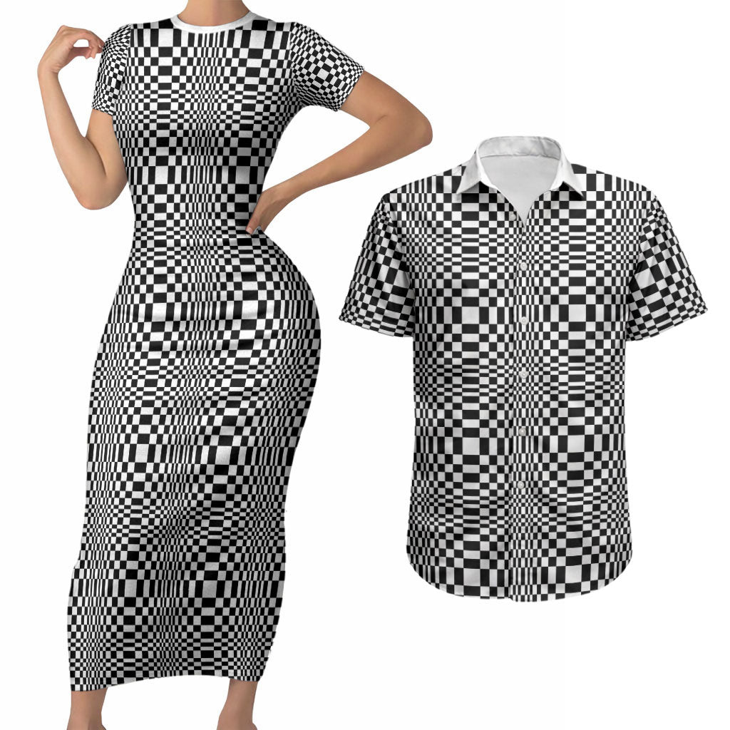 Black White Filipino Binakol Motifs Couples Matching Short Sleeve Bodycon Dress and Hawaiian Shirt Mabuhay Philippines Festival Kusikus Pattern