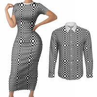 Black White Filipino Binakol Motifs Couples Matching Short Sleeve Bodycon Dress and Long Sleeve Button Shirt Mabuhay Philippines Festival Kusikus Pattern