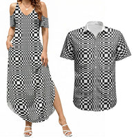 Black White Filipino Binakol Motifs Couples Matching Summer Maxi Dress and Hawaiian Shirt Mabuhay Philippines Festival Kusikus Pattern