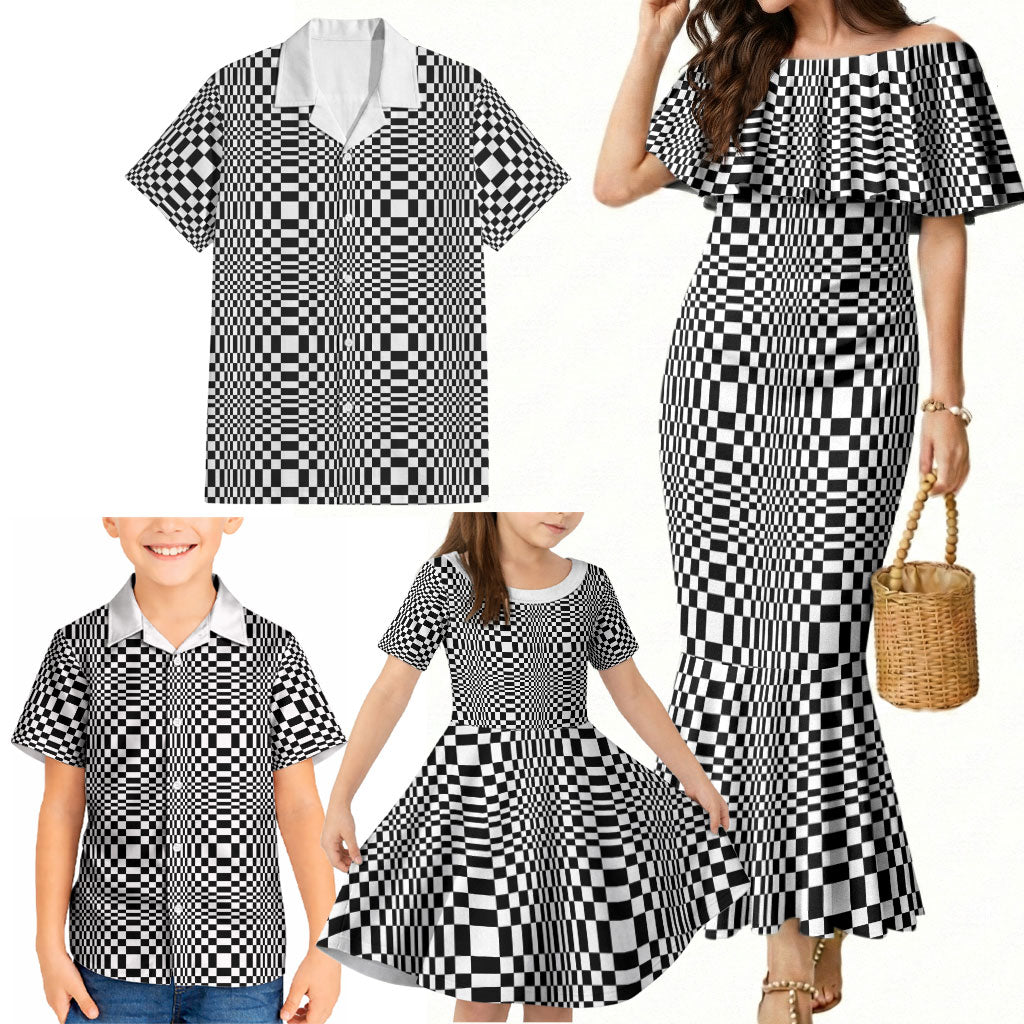 Black White Filipino Binakol Motifs Family Matching Mermaid Dress and Hawaiian Shirt Mabuhay Philippines Festival Kusikus Pattern