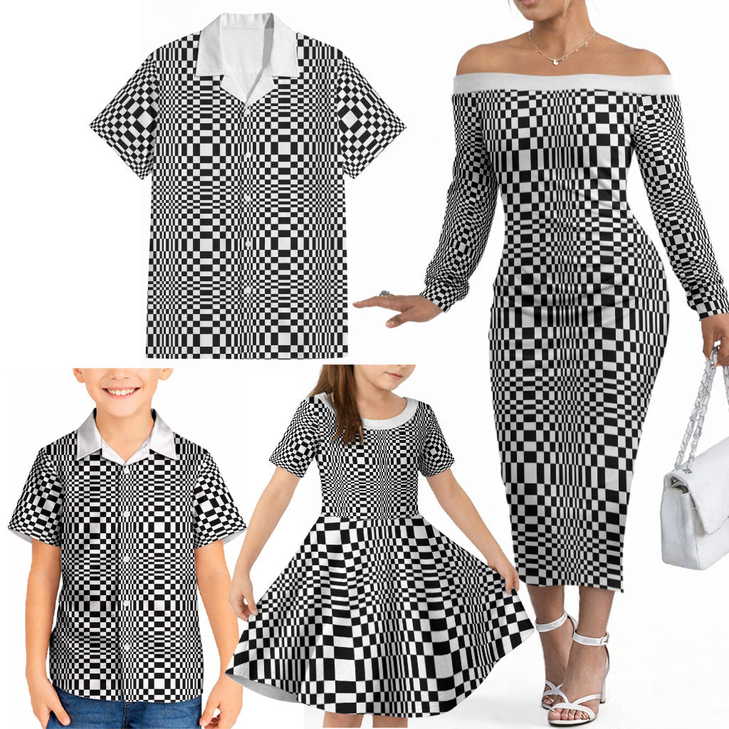 Black White Filipino Binakol Motifs Family Matching Off The Shoulder Long Sleeve Dress and Hawaiian Shirt Mabuhay Philippines Festival Kusikus Pattern