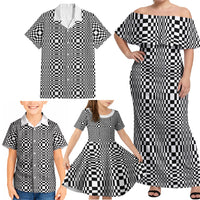 Black White Filipino Binakol Motifs Family Matching Off Shoulder Maxi Dress and Hawaiian Shirt Mabuhay Philippines Festival Kusikus Pattern