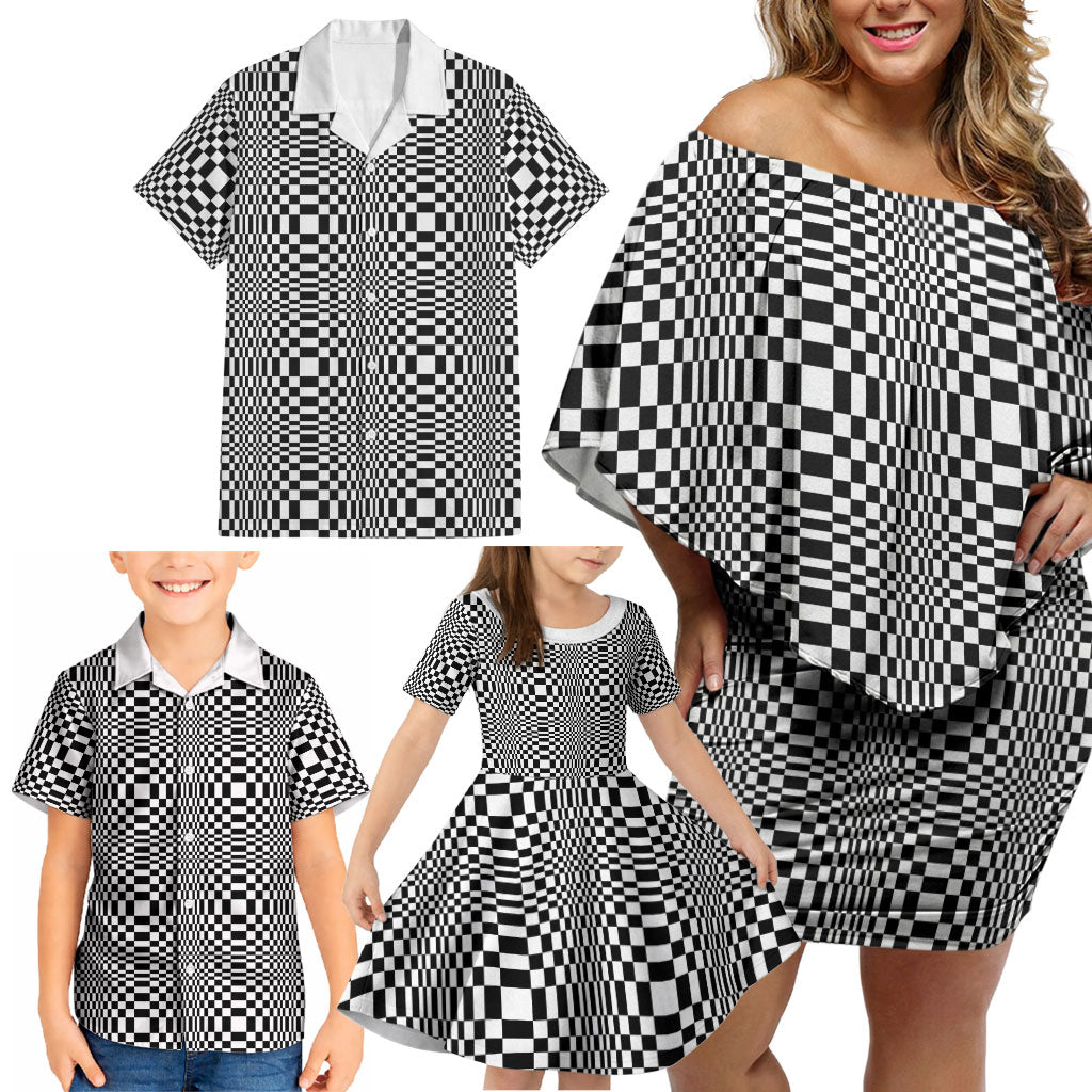 Black White Filipino Binakol Motifs Family Matching Off Shoulder Short Dress and Hawaiian Shirt Mabuhay Philippines Festival Kusikus Pattern