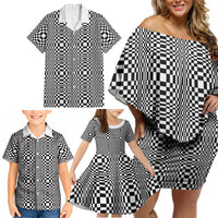 Black White Filipino Binakol Motifs Family Matching Off Shoulder Short Dress and Hawaiian Shirt Mabuhay Philippines Festival Kusikus Pattern