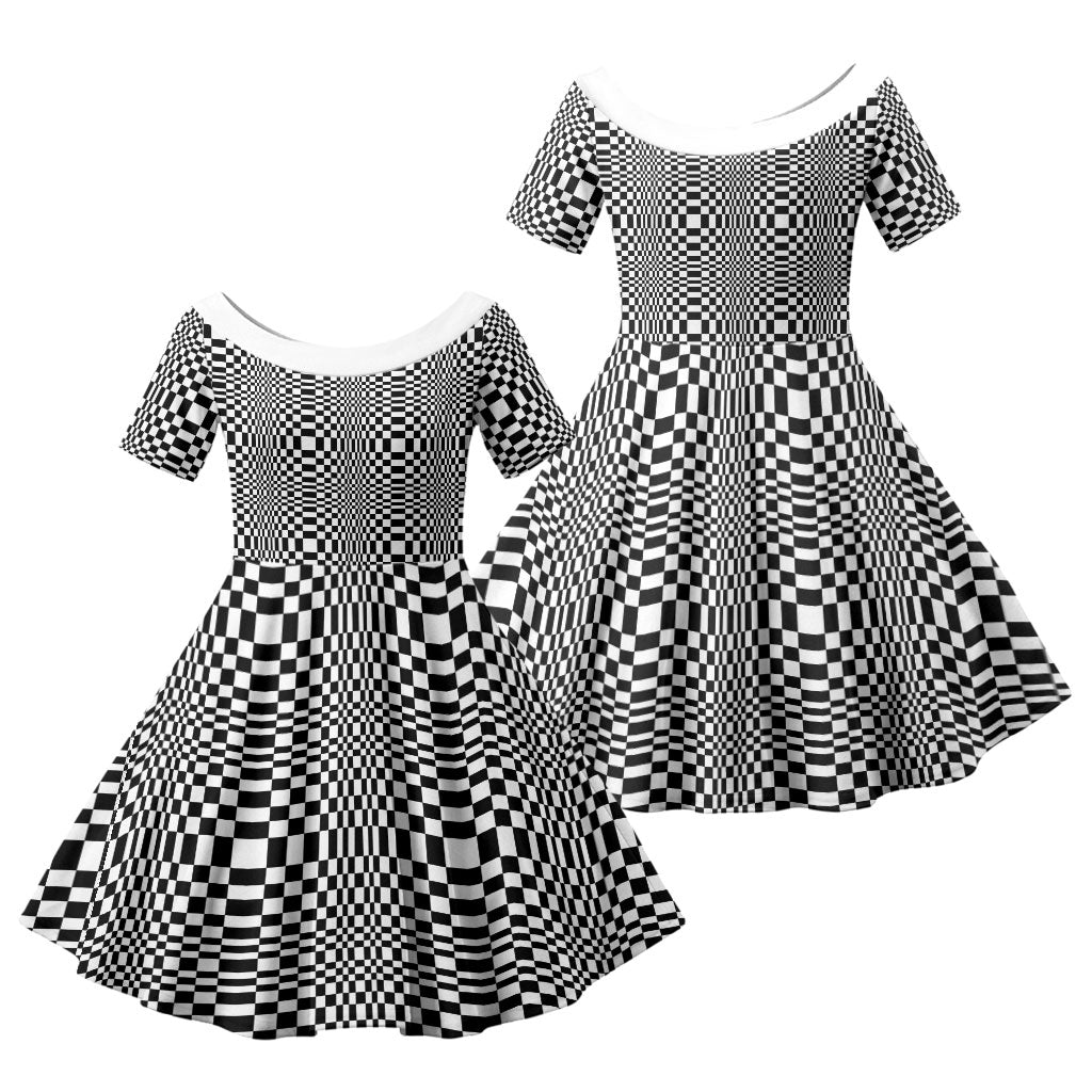 Black White Filipino Binakol Motifs Family Matching Off Shoulder Short Dress and Hawaiian Shirt Mabuhay Philippines Festival Kusikus Pattern