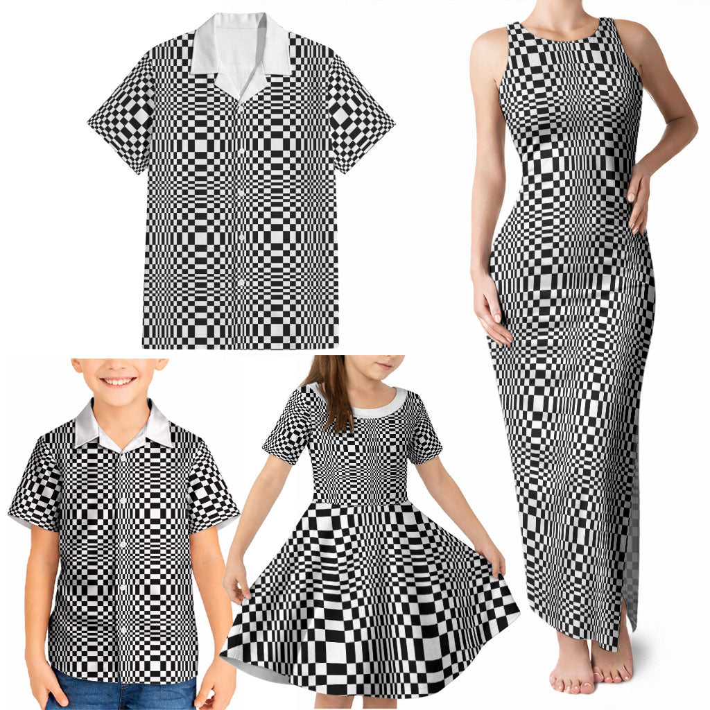 Black White Filipino Binakol Motifs Family Matching Tank Maxi Dress and Hawaiian Shirt Mabuhay Philippines Festival Kusikus Pattern