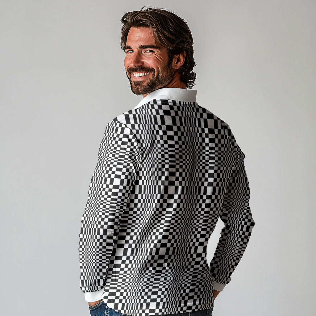Black White Filipino Binakol Motifs Long Sleeve Polo Shirt Mabuhay Philippines Festival Kusikus Pattern