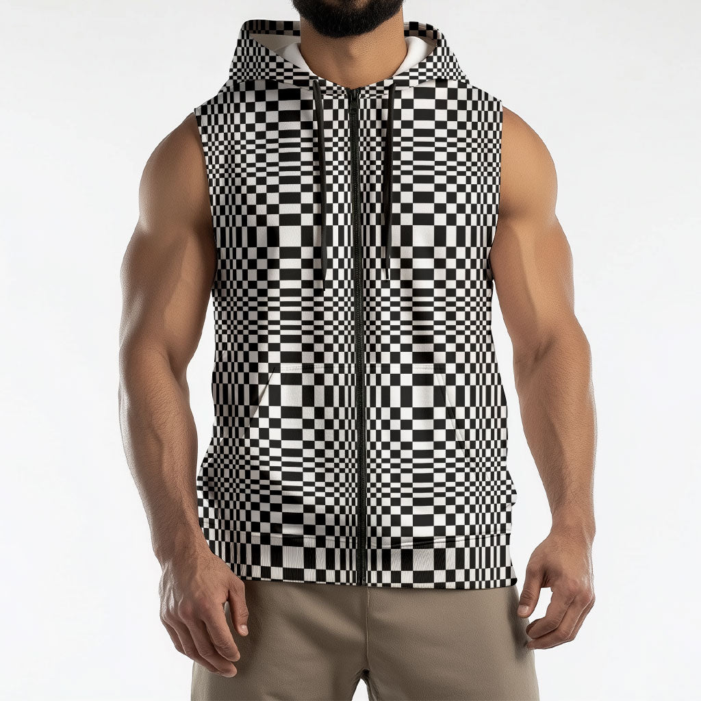 Black White Filipino Binakol Motifs Sleeveless Zip Hoodie Mabuhay Philippines Festival Kusikus Pattern