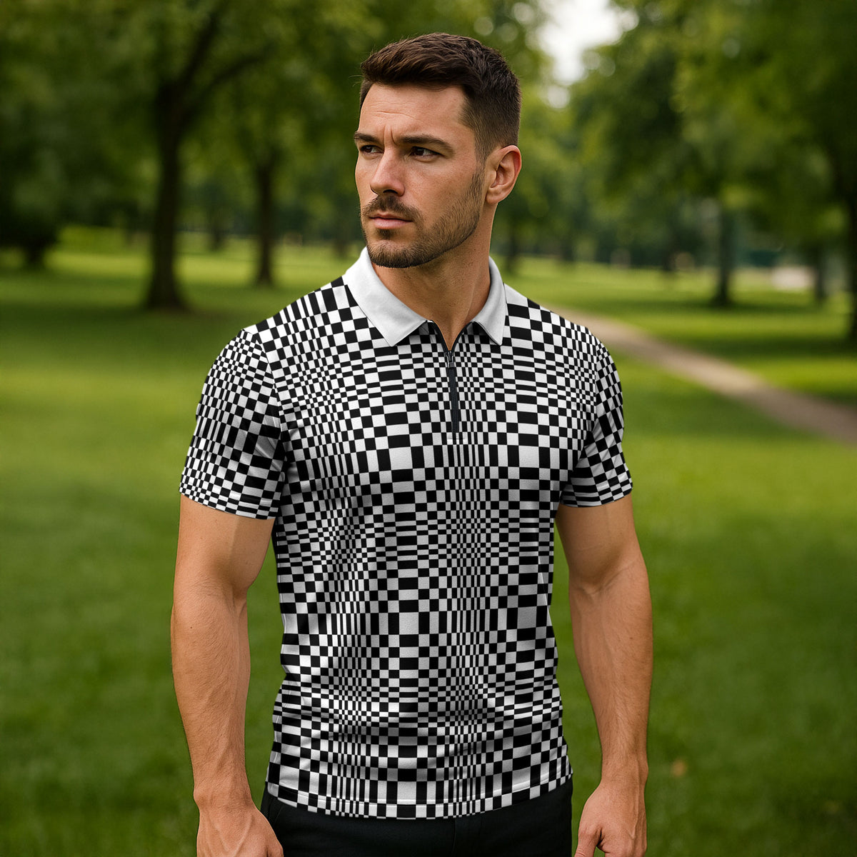 Black White Filipino Binakol Motifs Zipper Polo Shirt Mabuhay Philippines Festival Kusikus Pattern