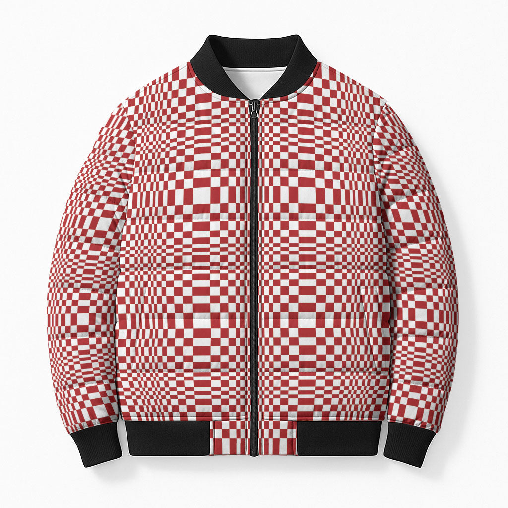 Red White Filipino Binakol Motifs Bomber Puffer Jacket Mabuhay Philippines Festival Kusikus Pattern