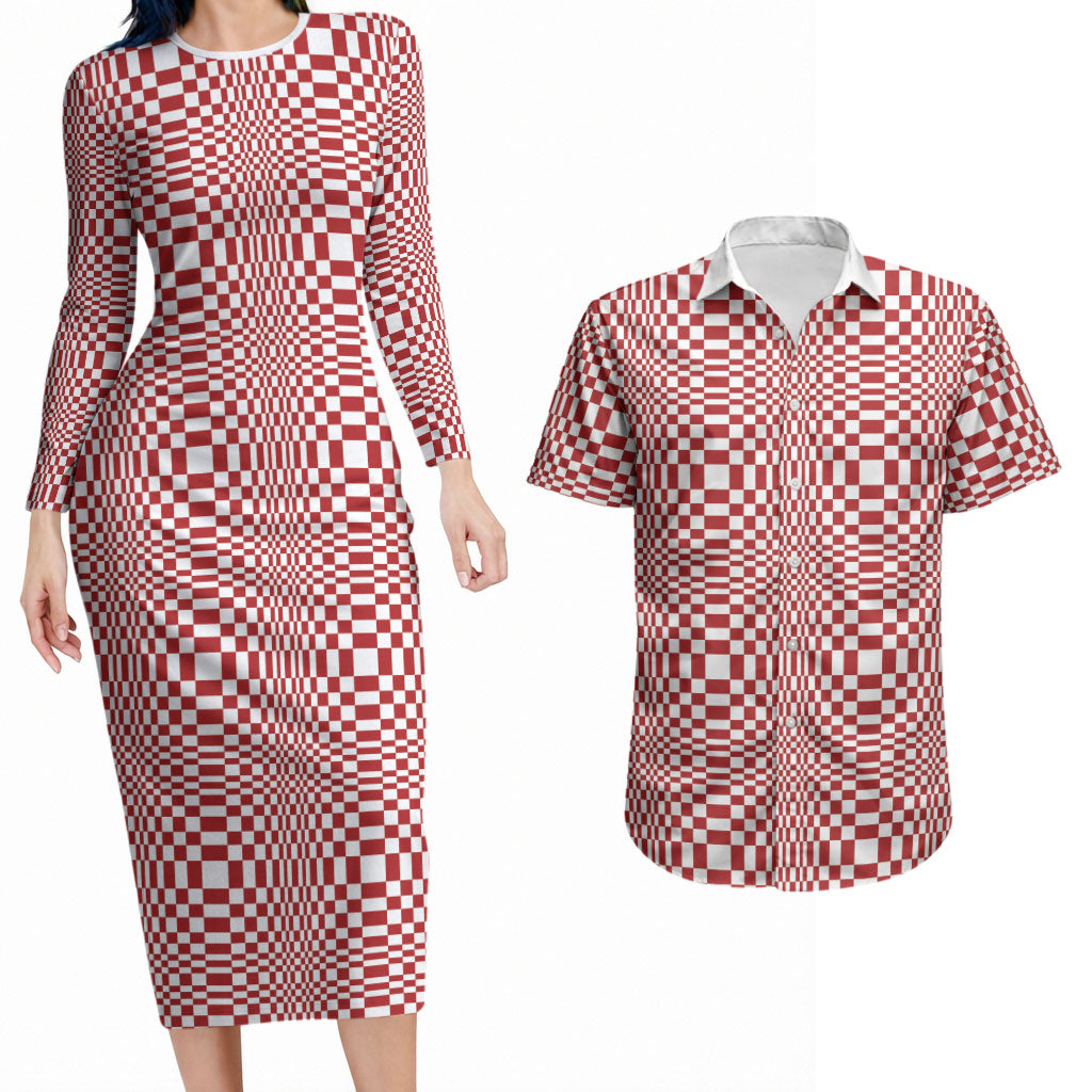 Red White Filipino Binakol Motifs Couples Matching Long Sleeve Bodycon Dress and Hawaiian Shirt Mabuhay Philippines Festival Kusikus Pattern