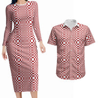 Red White Filipino Binakol Motifs Couples Matching Long Sleeve Bodycon Dress and Hawaiian Shirt Mabuhay Philippines Festival Kusikus Pattern