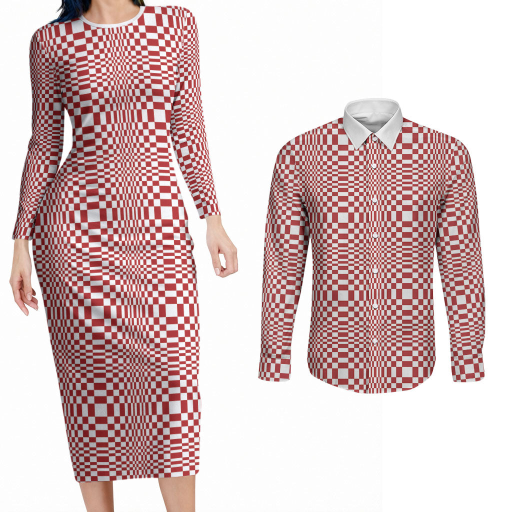 Red White Filipino Binakol Motifs Couples Matching Long Sleeve Bodycon Dress and Long Sleeve Button Shirt Mabuhay Philippines Festival Kusikus Pattern
