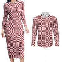 Red White Filipino Binakol Motifs Couples Matching Long Sleeve Bodycon Dress and Long Sleeve Button Shirt Mabuhay Philippines Festival Kusikus Pattern