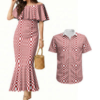 Red White Filipino Binakol Motifs Couples Matching Mermaid Dress and Hawaiian Shirt Mabuhay Philippines Festival Kusikus Pattern