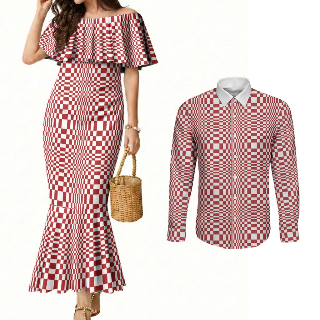 Red White Filipino Binakol Motifs Couples Matching Mermaid Dress and Long Sleeve Button Shirt Mabuhay Philippines Festival Kusikus Pattern