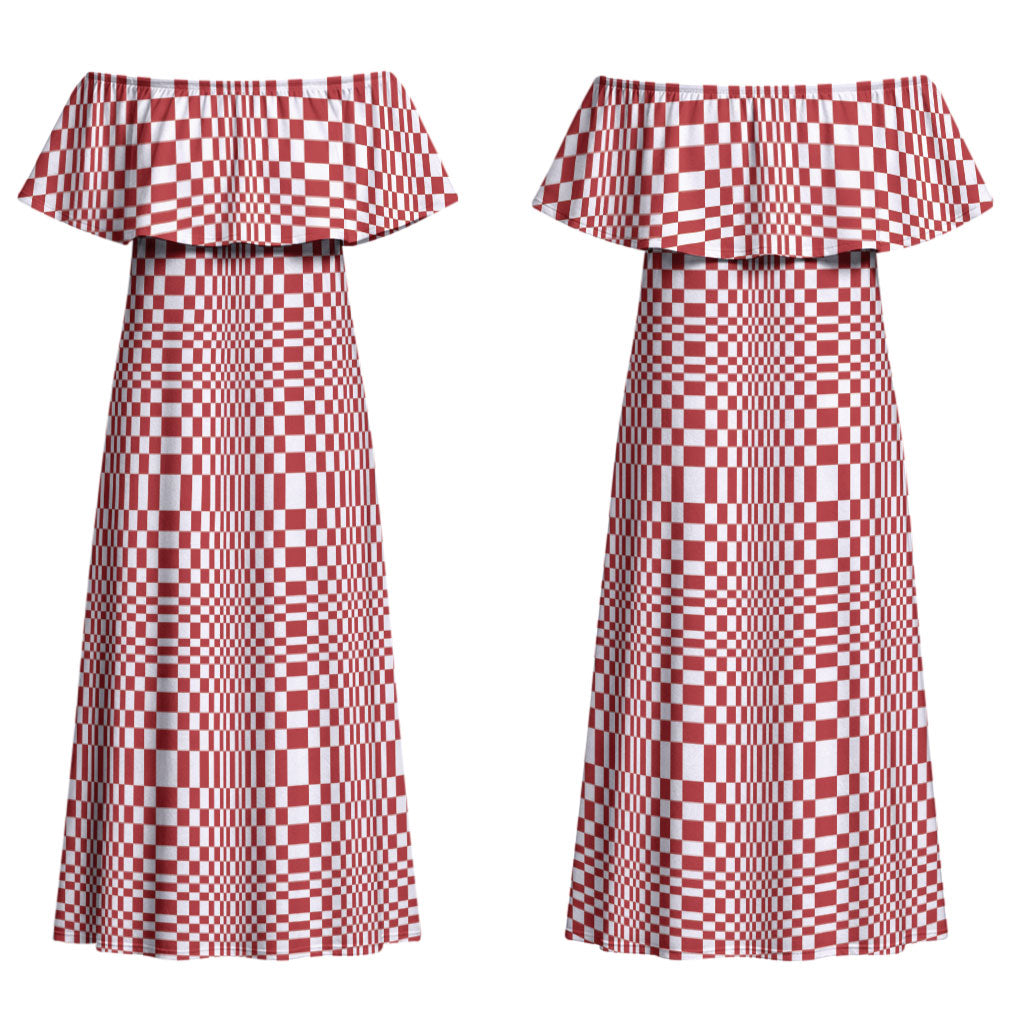 Red White Filipino Binakol Motifs Couples Matching Off Shoulder Maxi Dress and Hawaiian Shirt Mabuhay Philippines Festival Kusikus Pattern