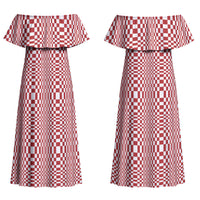 Red White Filipino Binakol Motifs Couples Matching Off Shoulder Maxi Dress and Hawaiian Shirt Mabuhay Philippines Festival Kusikus Pattern