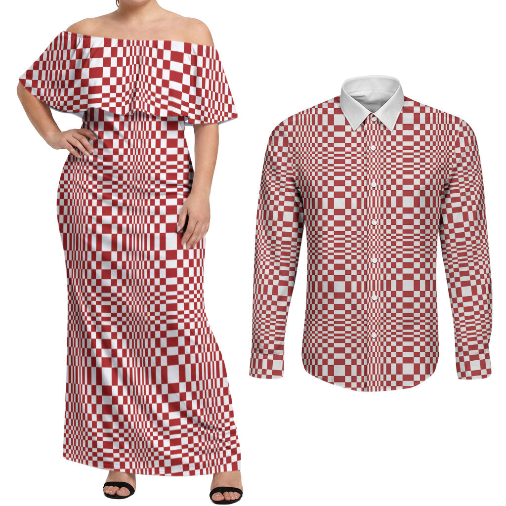Red White Filipino Binakol Motifs Couples Matching Off Shoulder Maxi Dress and Long Sleeve Button Shirt Mabuhay Philippines Festival Kusikus Pattern