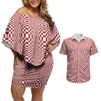 Red White Filipino Binakol Motifs Couples Matching Off Shoulder Short Dress and Hawaiian Shirt Mabuhay Philippines Festival Kusikus Pattern