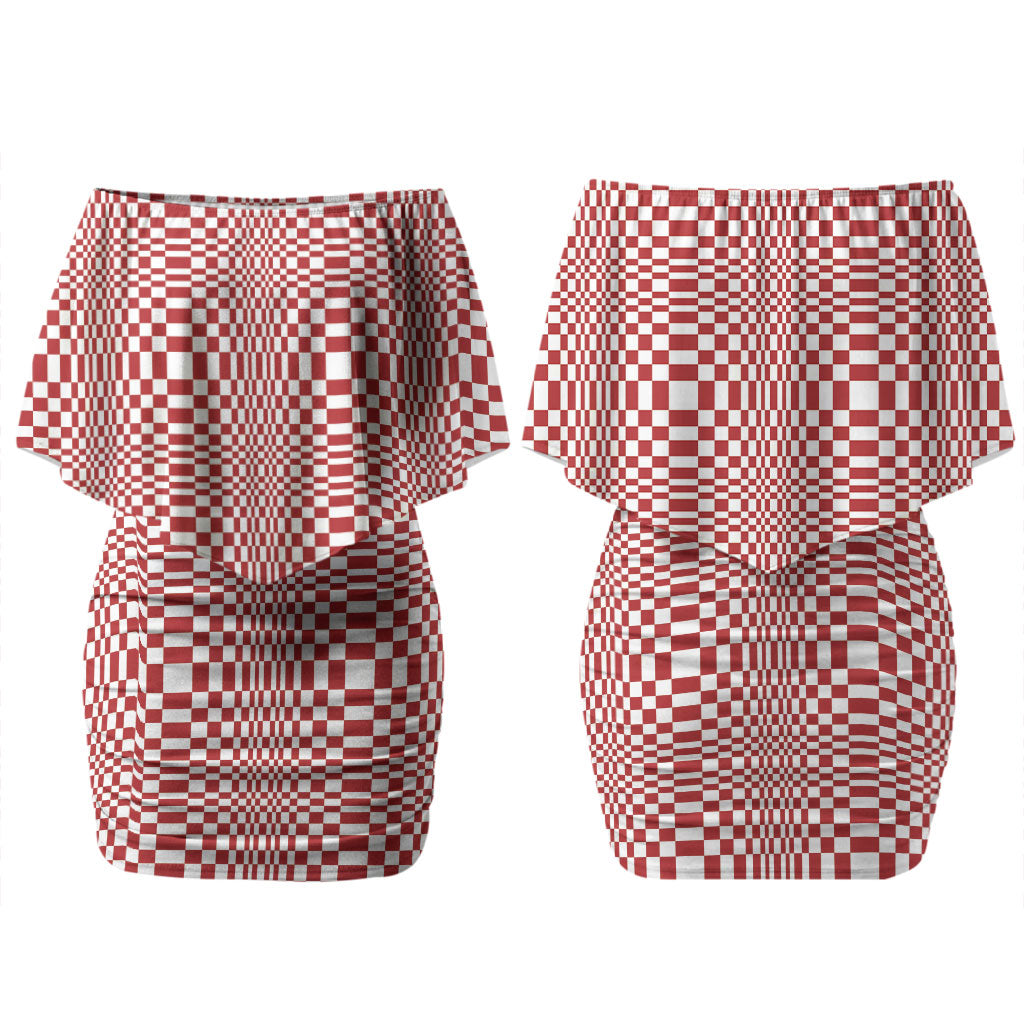 Red White Filipino Binakol Motifs Couples Matching Off Shoulder Short Dress and Hawaiian Shirt Mabuhay Philippines Festival Kusikus Pattern