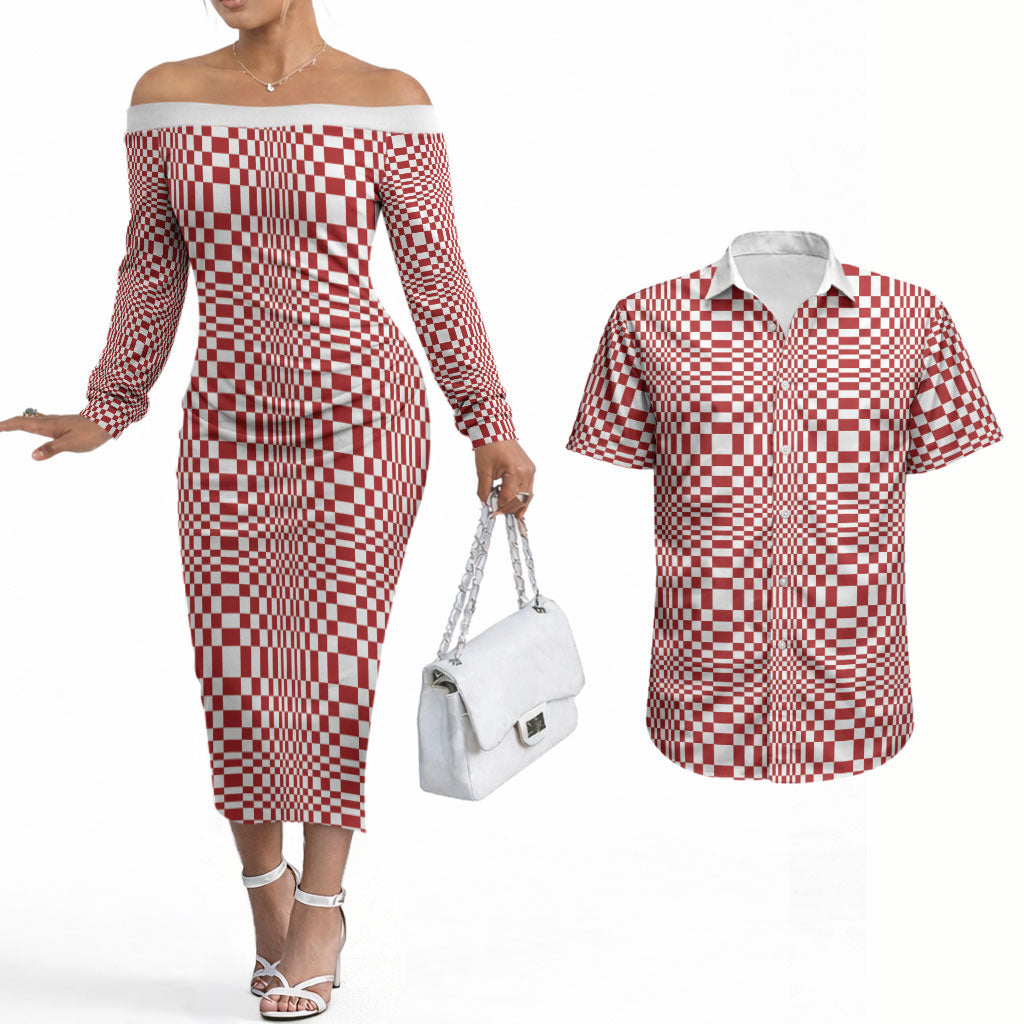 Red White Filipino Binakol Motifs Couples Matching Off The Shoulder Long Sleeve Dress and Hawaiian Shirt Mabuhay Philippines Festival Kusikus Pattern