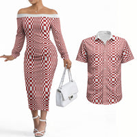 Red White Filipino Binakol Motifs Couples Matching Off The Shoulder Long Sleeve Dress and Hawaiian Shirt Mabuhay Philippines Festival Kusikus Pattern