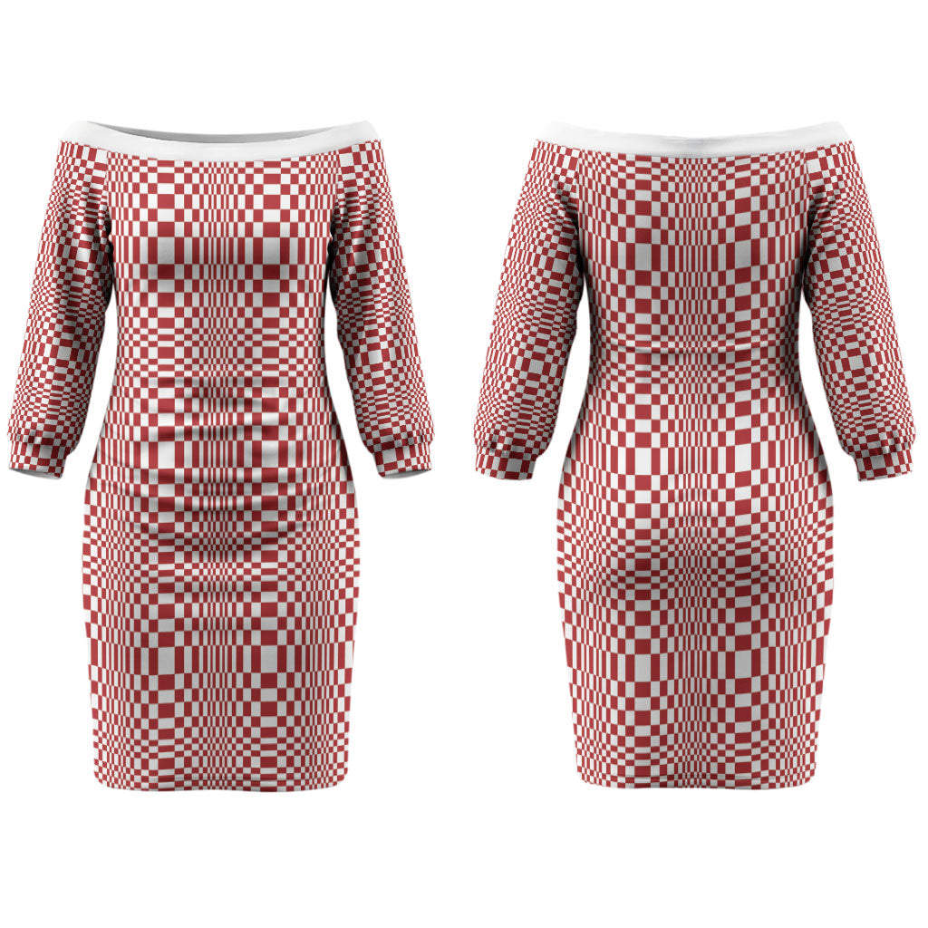 Red White Filipino Binakol Motifs Couples Matching Off The Shoulder Long Sleeve Dress and Long Sleeve Button Shirt Mabuhay Philippines Festival Kusikus Pattern