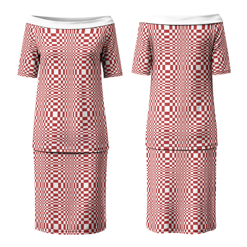 Red White Filipino Binakol Motifs Couples Matching Puletasi and Hawaiian Shirt Mabuhay Philippines Festival Kusikus Pattern