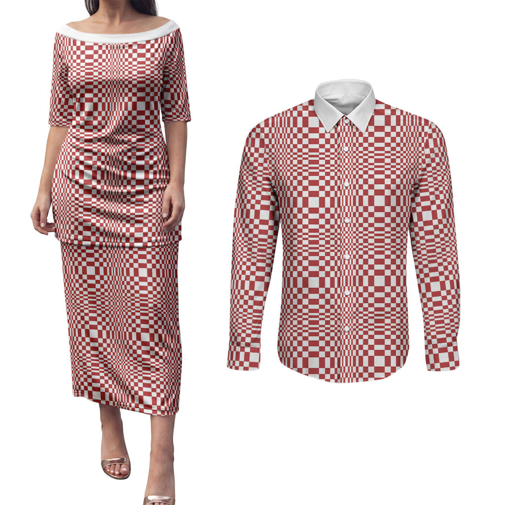 Red White Filipino Binakol Motifs Couples Matching Puletasi and Long Sleeve Button Shirt Mabuhay Philippines Festival Kusikus Pattern