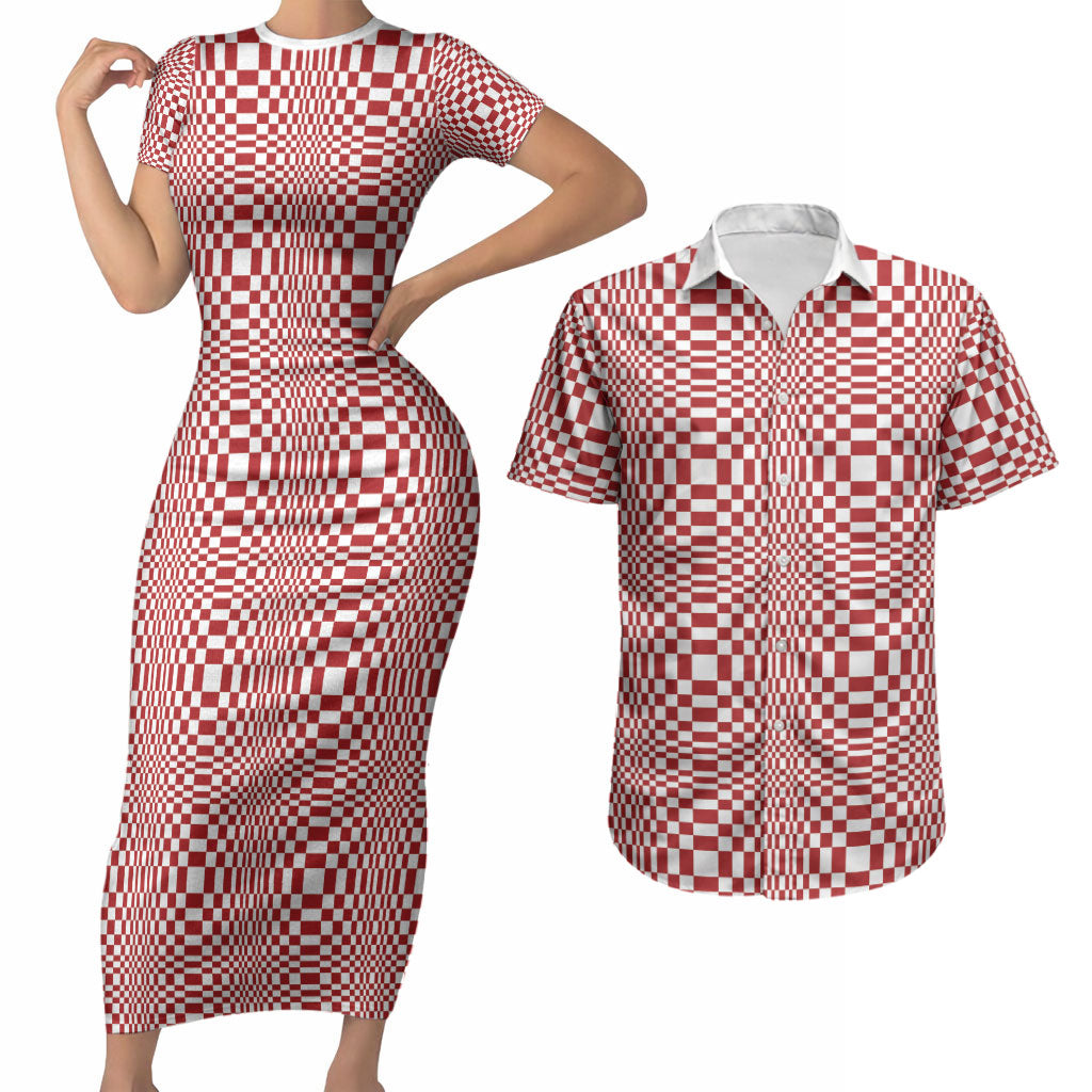 Red White Filipino Binakol Motifs Couples Matching Short Sleeve Bodycon Dress and Hawaiian Shirt Mabuhay Philippines Festival Kusikus Pattern
