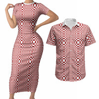 Red White Filipino Binakol Motifs Couples Matching Short Sleeve Bodycon Dress and Hawaiian Shirt Mabuhay Philippines Festival Kusikus Pattern