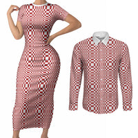 Red White Filipino Binakol Motifs Couples Matching Short Sleeve Bodycon Dress and Long Sleeve Button Shirt Mabuhay Philippines Festival Kusikus Pattern