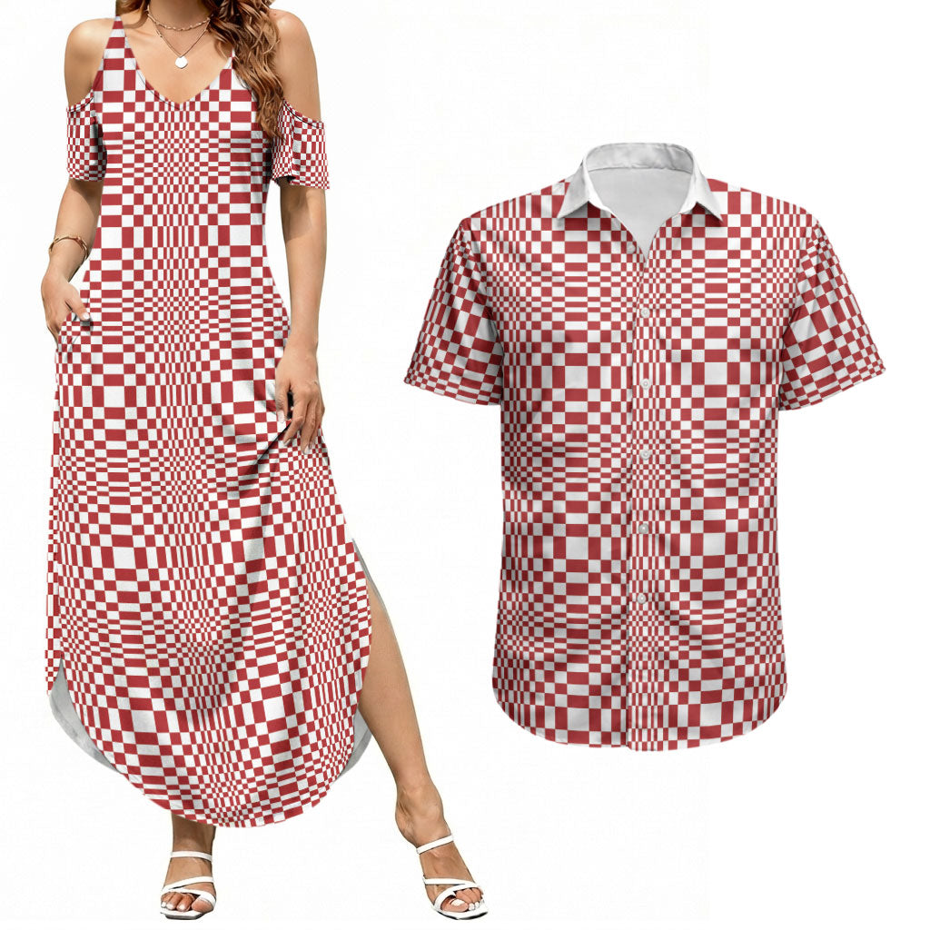 Red White Filipino Binakol Motifs Couples Matching Summer Maxi Dress and Hawaiian Shirt Mabuhay Philippines Festival Kusikus Pattern