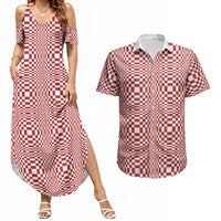 Red White Filipino Binakol Motifs Couples Matching Summer Maxi Dress and Hawaiian Shirt Mabuhay Philippines Festival Kusikus Pattern