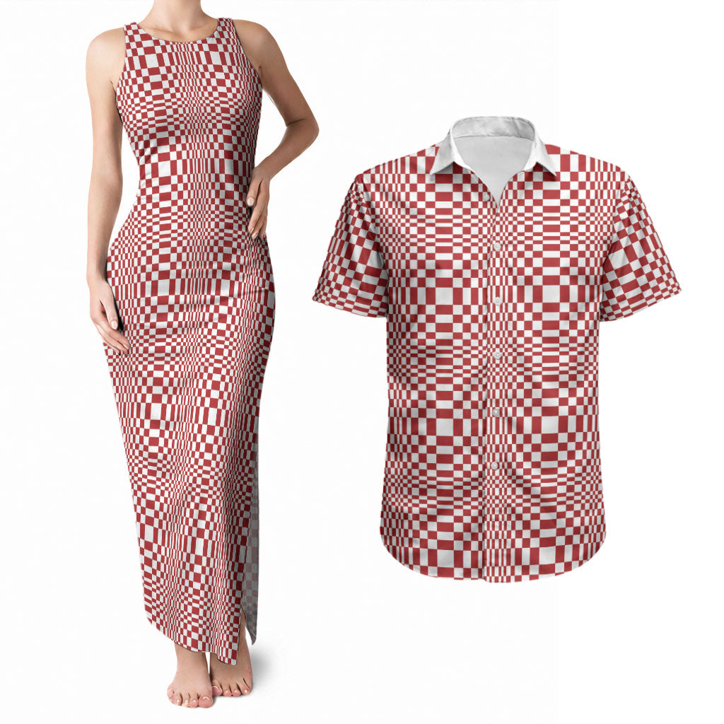 Red White Filipino Binakol Motifs Couples Matching Tank Maxi Dress and Hawaiian Shirt Mabuhay Philippines Festival Kusikus Pattern
