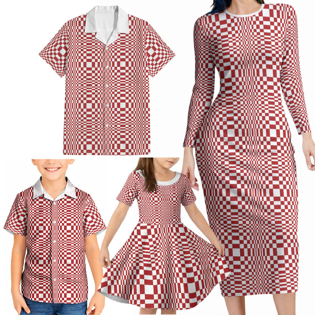 Red White Filipino Binakol Motifs Family Matching Long Sleeve Bodycon Dress and Hawaiian Shirt Mabuhay Philippines Festival Kusikus Pattern