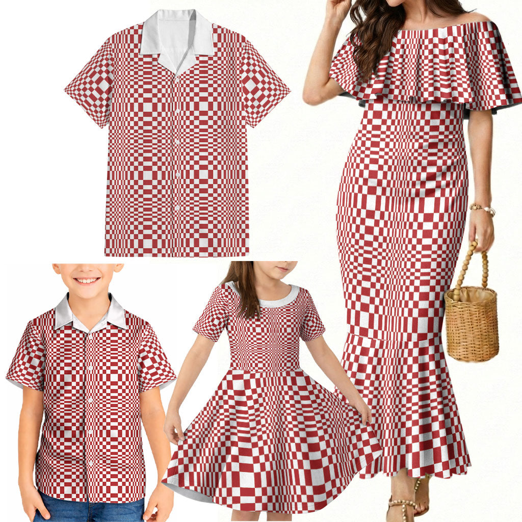 Red White Filipino Binakol Motifs Family Matching Mermaid Dress and Hawaiian Shirt Mabuhay Philippines Festival Kusikus Pattern LT14 - Polynesian Pride