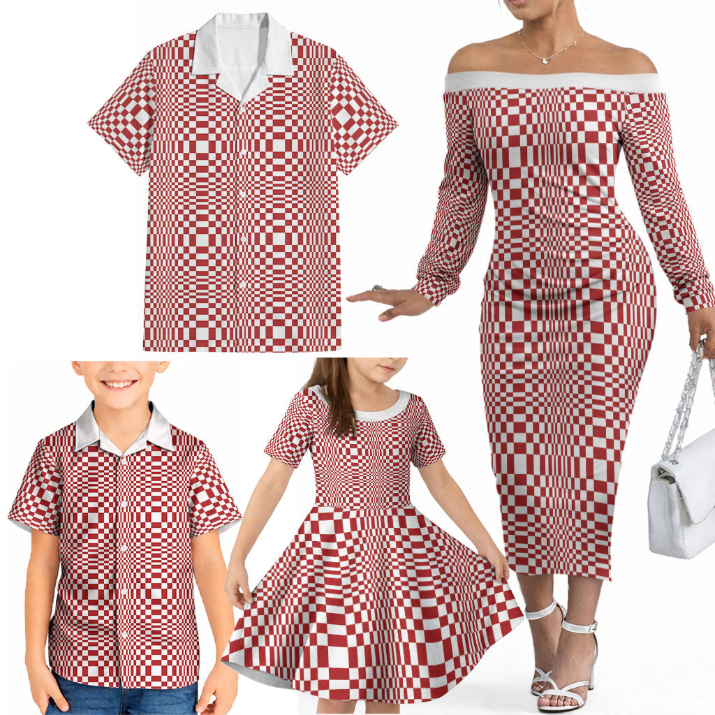 Red White Filipino Binakol Motifs Family Matching Off The Shoulder Long Sleeve Dress and Hawaiian Shirt Mabuhay Philippines Festival Kusikus Pattern