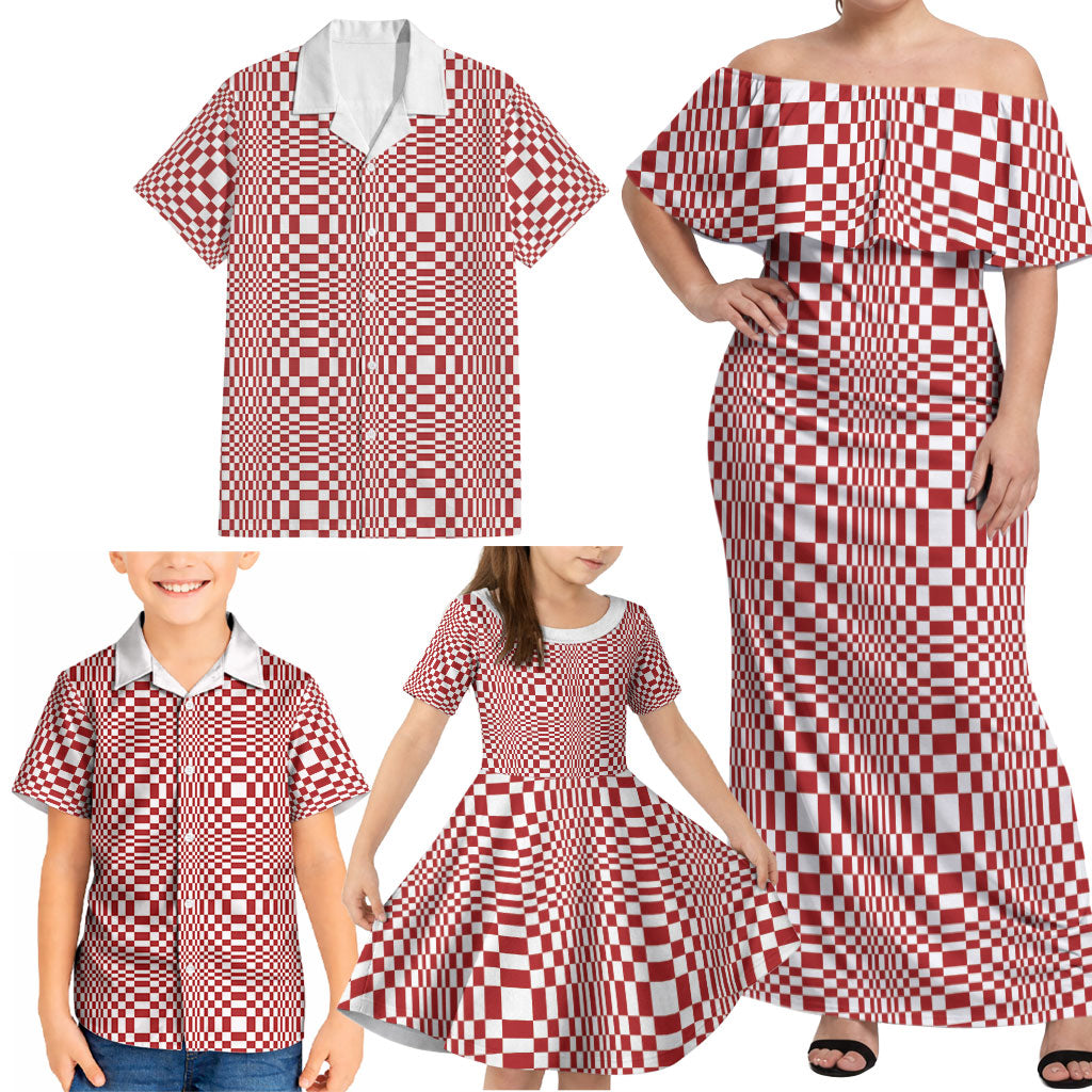 Red White Filipino Binakol Motifs Family Matching Off Shoulder Maxi Dress and Hawaiian Shirt Mabuhay Philippines Festival Kusikus Pattern LT14 - Polynesian Pride