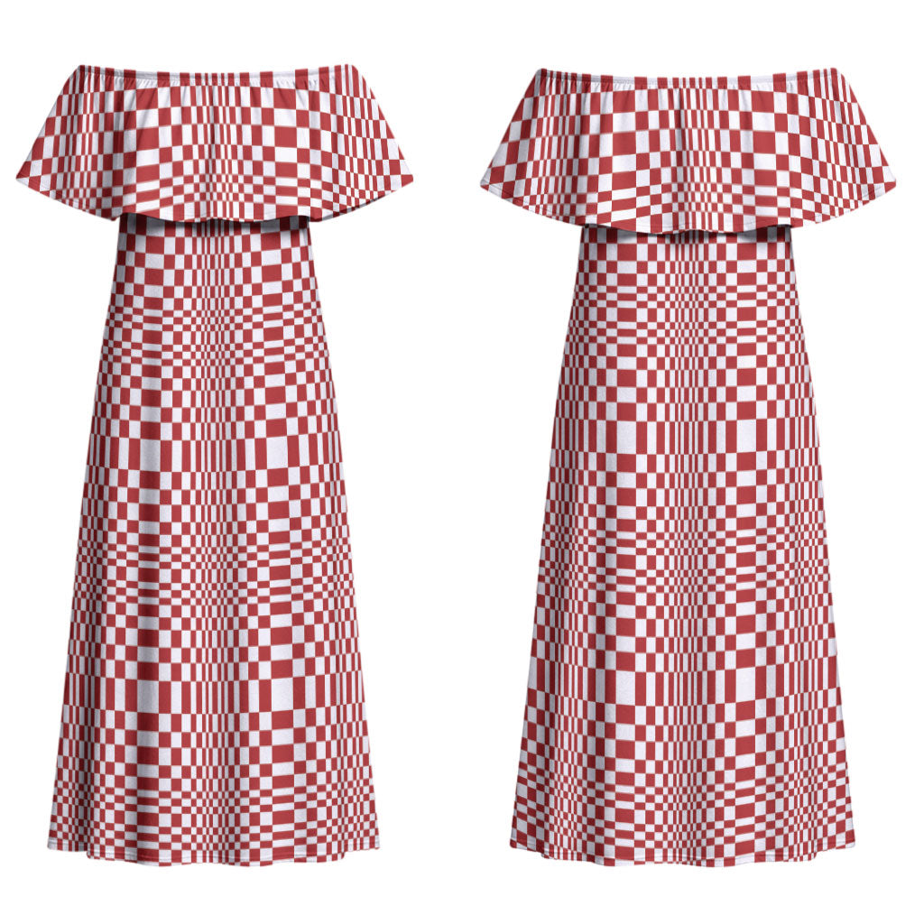 Red White Filipino Binakol Motifs Family Matching Off Shoulder Maxi Dress and Hawaiian Shirt Mabuhay Philippines Festival Kusikus Pattern
