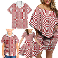 Red White Filipino Binakol Motifs Family Matching Off Shoulder Short Dress and Hawaiian Shirt Mabuhay Philippines Festival Kusikus Pattern