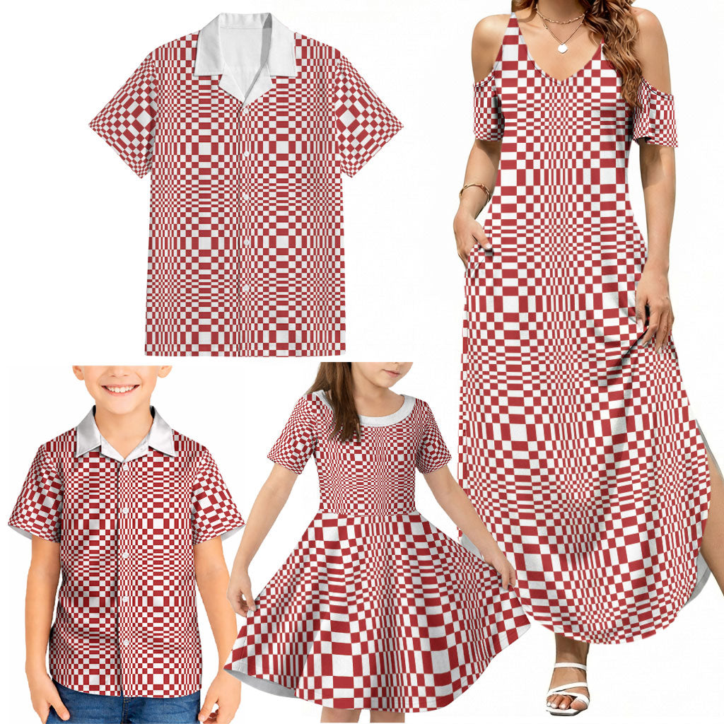 Red White Filipino Binakol Motifs Family Matching Summer Maxi Dress and Hawaiian Shirt Mabuhay Philippines Festival Kusikus Pattern