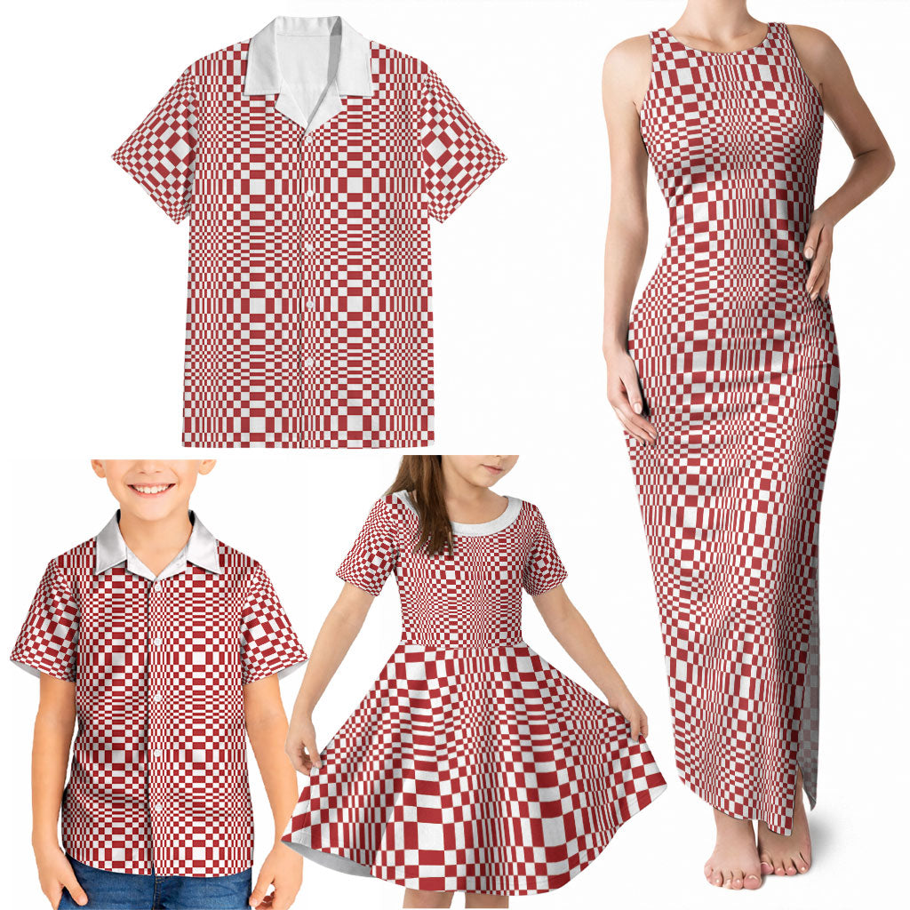 Red White Filipino Binakol Motifs Family Matching Tank Maxi Dress and Hawaiian Shirt Mabuhay Philippines Festival Kusikus Pattern