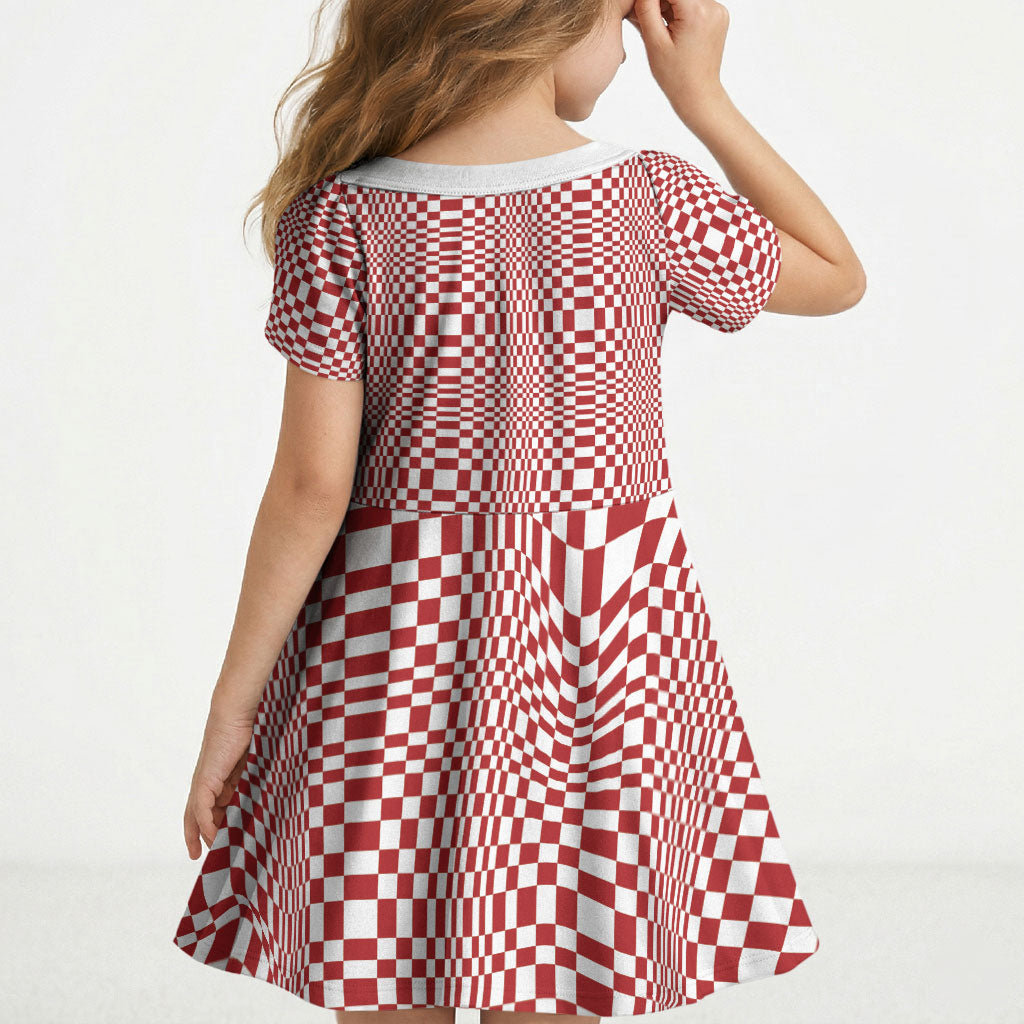Red White Filipino Binakol Motifs Kid Short Sleeve Dress Mabuhay Philippines Festival Kusikus Pattern