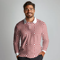 Red White Filipino Binakol Motifs Long Sleeve Polo Shirt Mabuhay Philippines Festival Kusikus Pattern