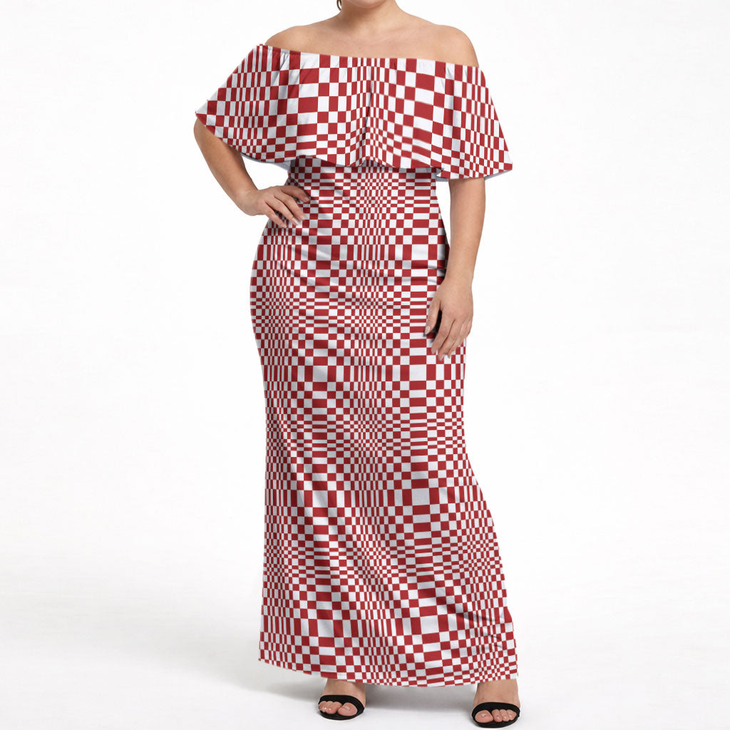 Red White Filipino Binakol Motifs Off Shoulder Maxi Dress Mabuhay Philippines Festival Kusikus Pattern