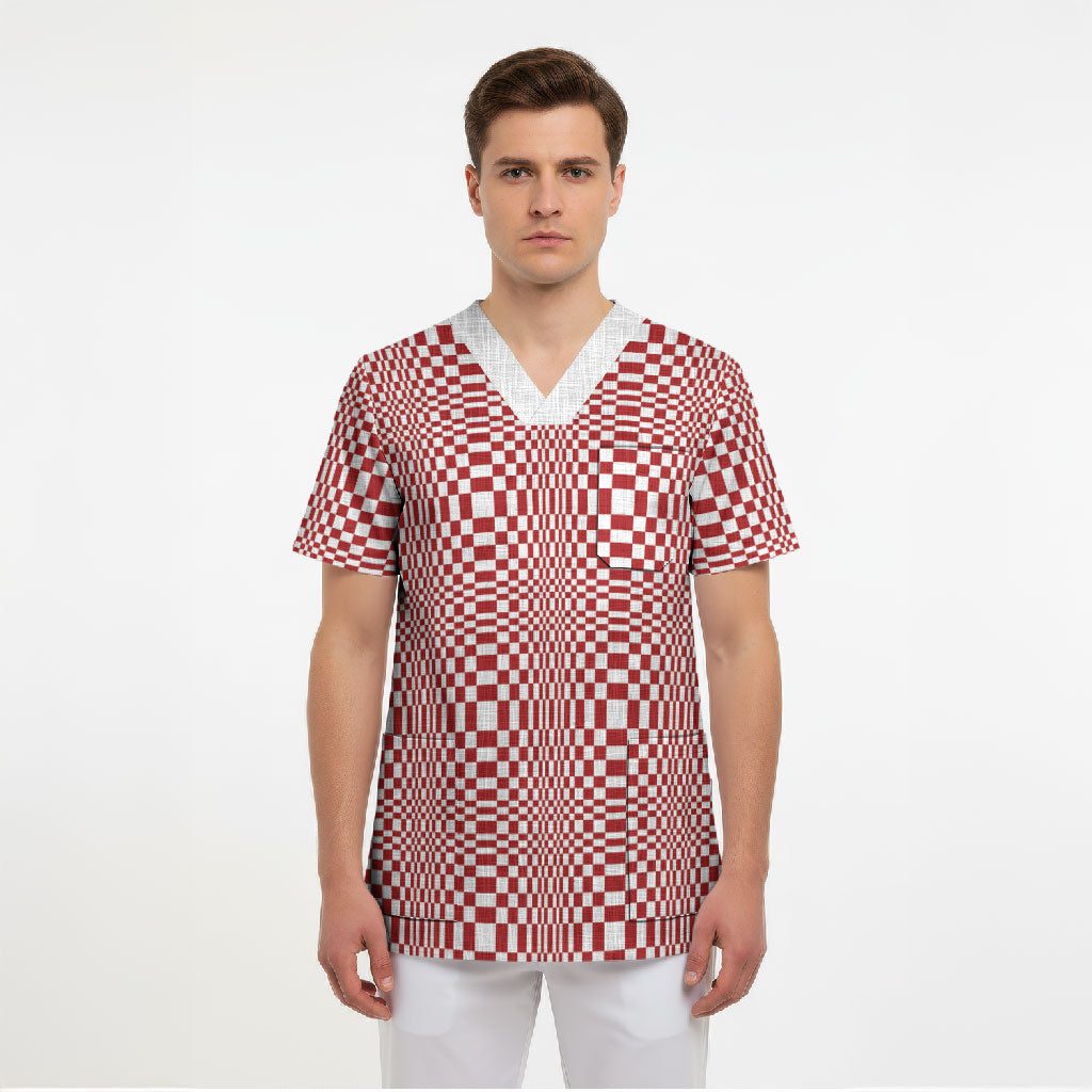 Red White Filipino Binakol Motifs Scrub Top Mabuhay Philippines Festival Kusikus Pattern